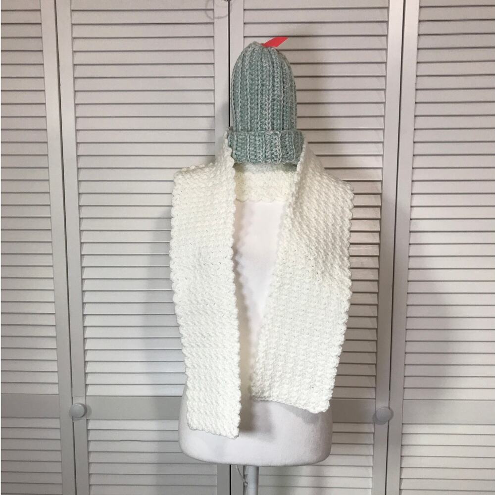NWT Handmade Crocheted Boho Adult Winter Set Blue Beanie White Scarf 80”